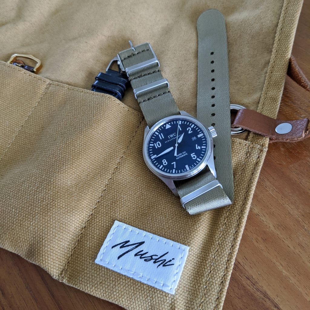 Khaki Canvas & Suede Watch Roll - Mushiwatchstraps