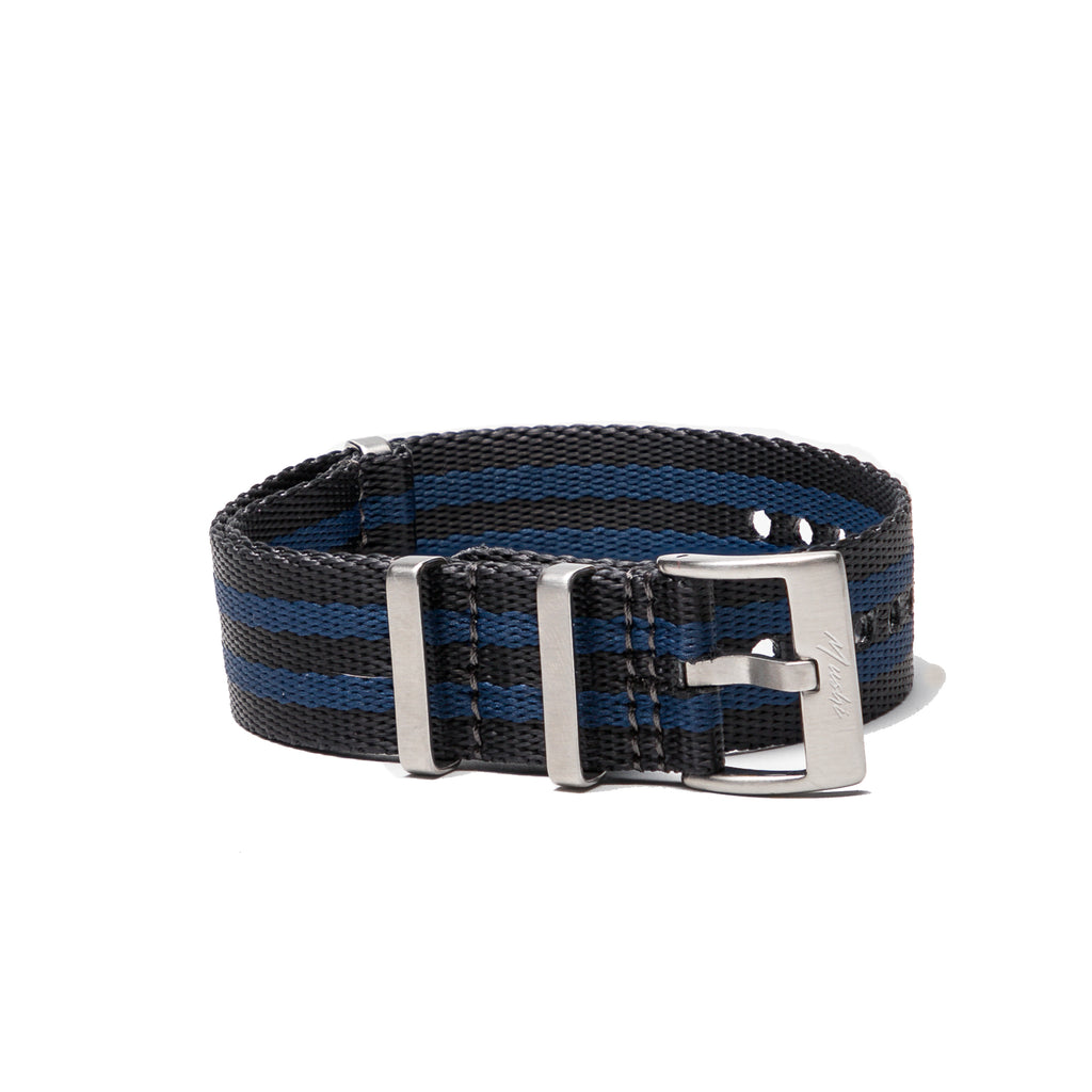 Charcoal/Blue Stripe Seatbelt NATO Strap - Mushiwatchstraps